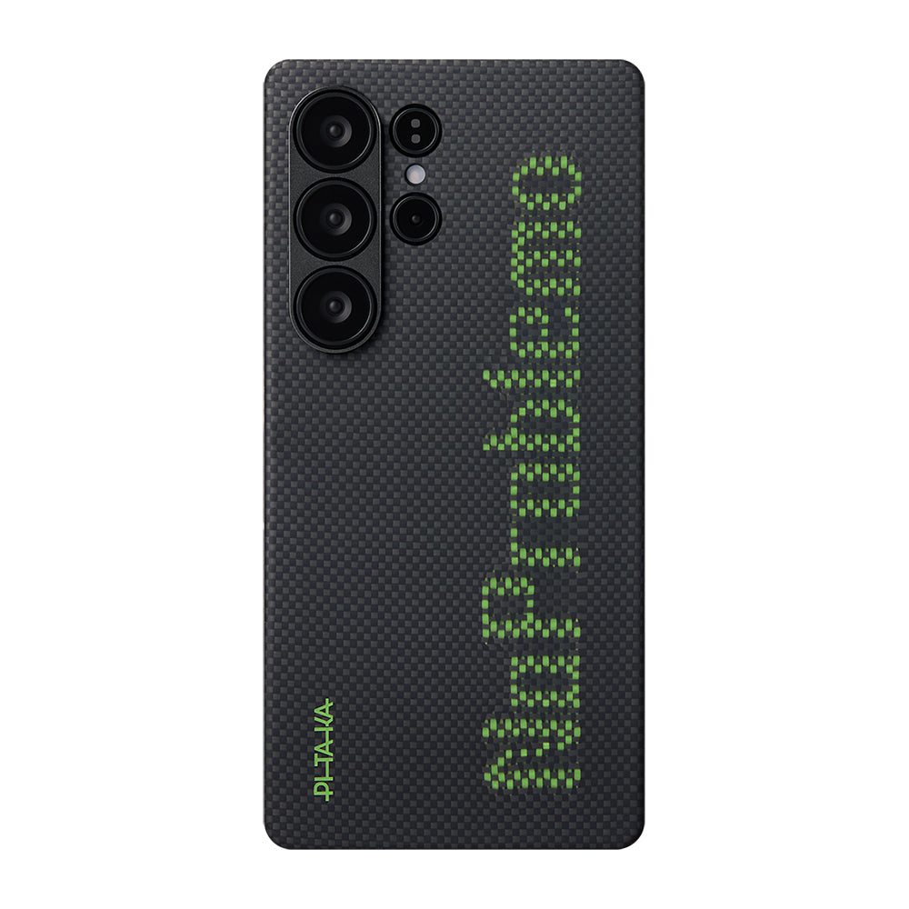 Galaxy S25 Ultra Kılıf M-safe Şarj Özellikli Lumintex Teknolojili Fosforlu Aramid Karbon Fiber Pitaka Tactile Woven Aries Serisi Kılıf
