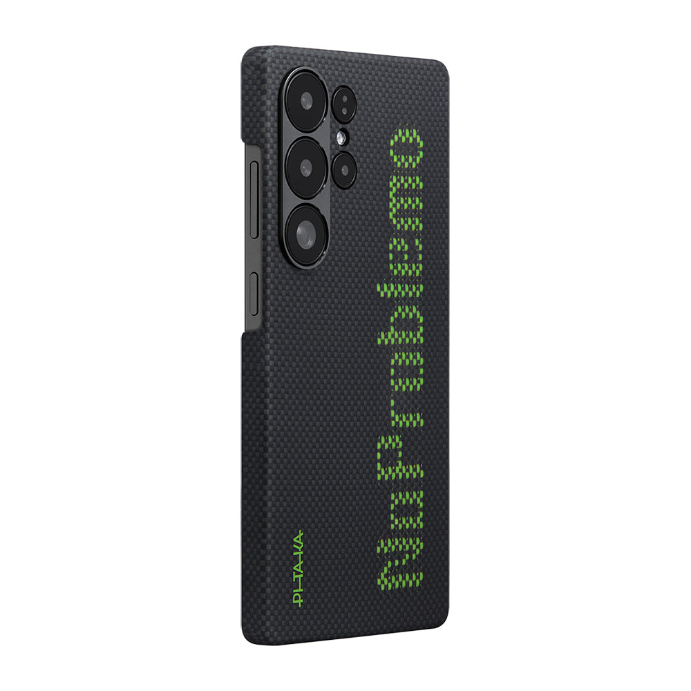 Galaxy S25 Ultra Kılıf M-safe Şarj Özellikli Lumintex Teknolojili Fosforlu Aramid Karbon Fiber Pitaka Tactile Woven Aries Serisi Kılıf