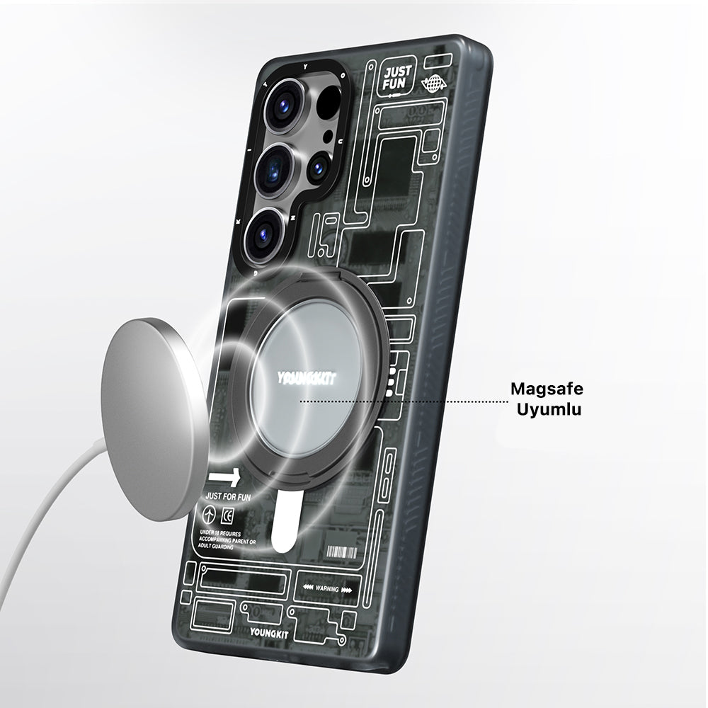 Galaxy S25 Ultra Kılıf M-safe Şarj Özellikli Youngkit 360° Standlı Technology Serisi Kılıf
