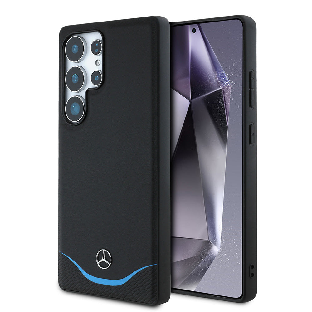 Galaxy S25 Ultra Kılıf Mercedes Benz Orijinal Lisanslı M-safe Şarj Özellikli 3D Metal Logolu Mavi Yatay Eğri Çizgili Deri Kılıf