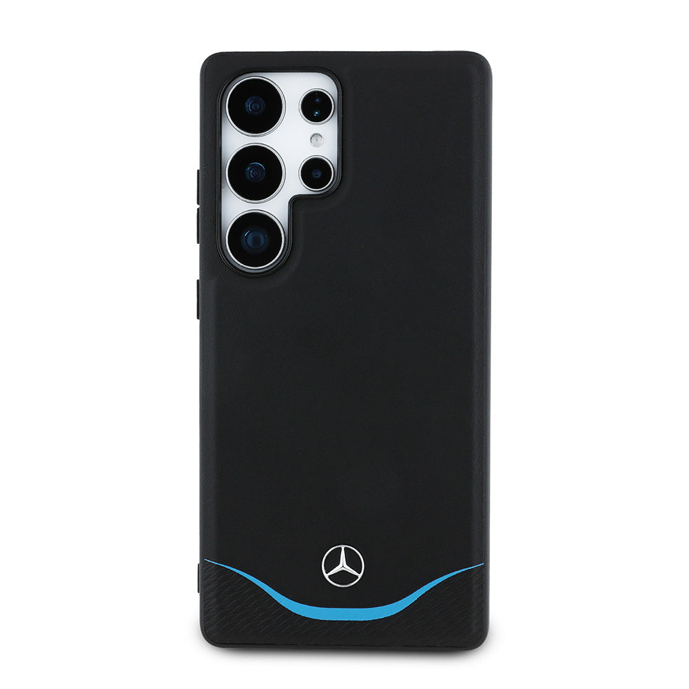 Galaxy S25 Ultra Kılıf Mercedes Benz Orijinal Lisanslı M-safe Şarj Özellikli 3D Metal Logolu Mavi Yatay Eğri Çizgili Deri Kılıf