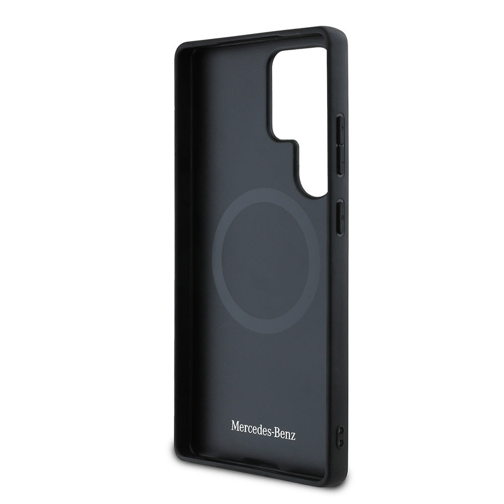 Galaxy S25 Ultra Kılıf Mercedes Benz OrijinalLisanslı M-safe Şarj Özellikli 3D Metal Logolu Mavi Yatay Eğri Çizgili Deri Kılıf