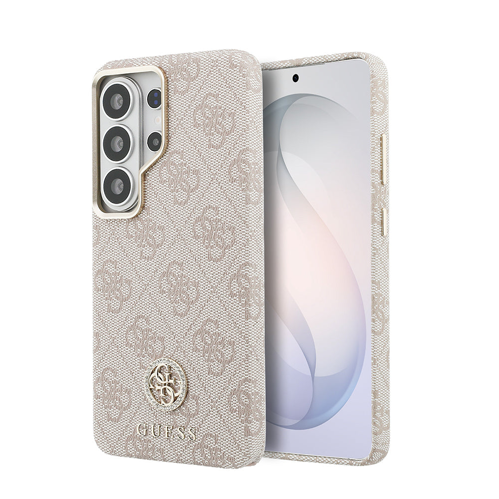 Galaxy S26 Ultra Kılıf Guess Orijinal Lisanslı M-safe Şarj Özellikli Gold Metal Kamera Çerçeveli Taşlı 4G Logolu Kılıf