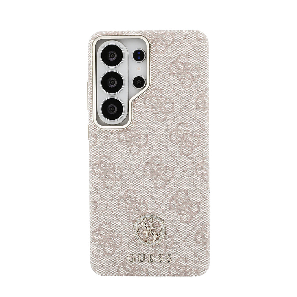 Galaxy S26 Ultra Kılıf Guess Orijinal Lisanslı M-safe Şarj Özellikli Gold Metal Kamera Çerçeveli Taşlı 4G Logolu Kılıf