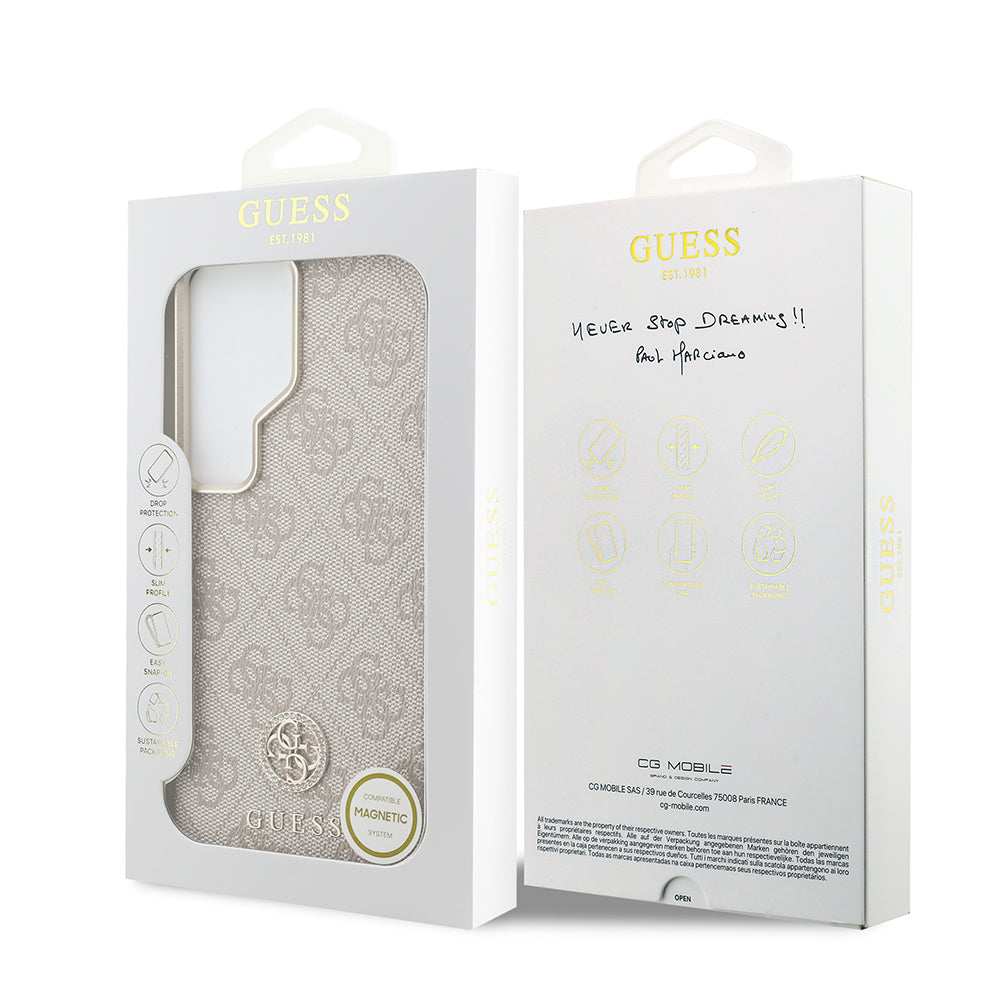 Galaxy S26 Ultra Kılıf Guess Orijinal Lisanslı M-safe Şarj Özellikli Gold Metal Kamera Çerçeveli Taşlı 4G Logolu Kılıf