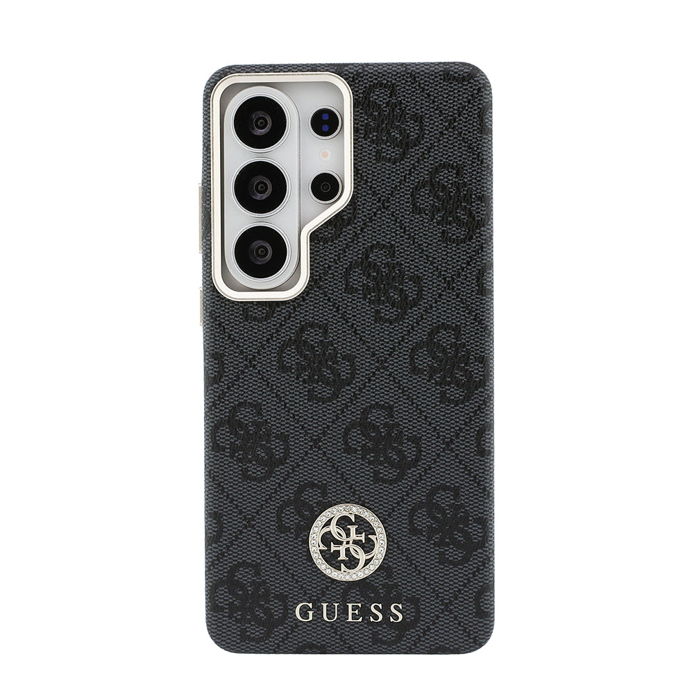 Galaxy S26 Ultra Kılıf Guess Orijinal Lisanslı M-safe Şarj Özellikli Gold Metal Kamera Çerçeveli Taşlı 4G Logolu Kılıf