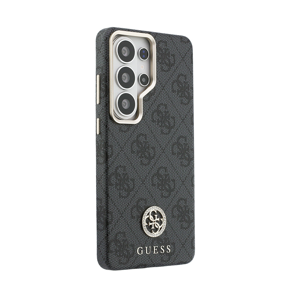 Galaxy S26 Ultra Kılıf Guess Orijinal Lisanslı M-safe Şarj Özellikli Gold Metal Kamera Çerçeveli Taşlı 4G Logolu Kılıf