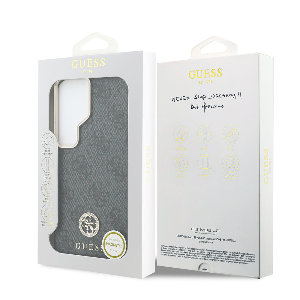 Galaxy S26 Ultra Kılıf Guess Orijinal Lisanslı M-safe Şarj Özellikli Gold Metal Kamera Çerçeveli Taşlı 4G Logolu Kılıf