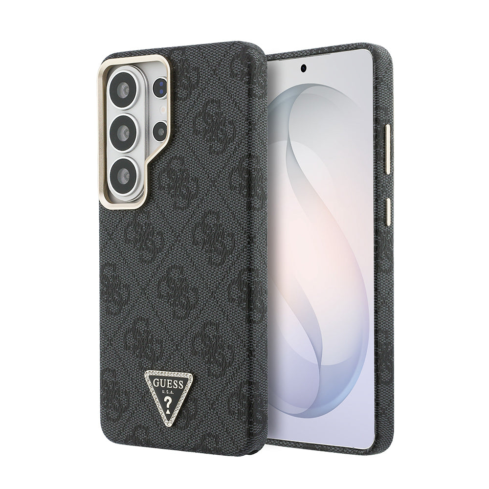 Galaxy S26 Ultra Kılıf Guess Orijinal Lisanslı M-safe Şarj Özellikli Gold Metal Kamera Çerçeveli Taşlı Üçgen Logo 4G Desenli Kılıf