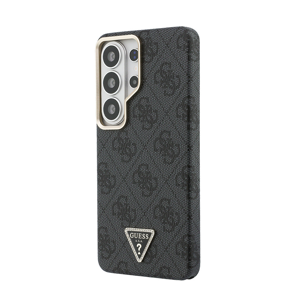 Galaxy S26 Ultra Kılıf Guess Orijinal Lisanslı M-safe Şarj Özellikli Gold Metal Kamera Çerçeveli Taşlı Üçgen Logo 4G Desenli Kılıf