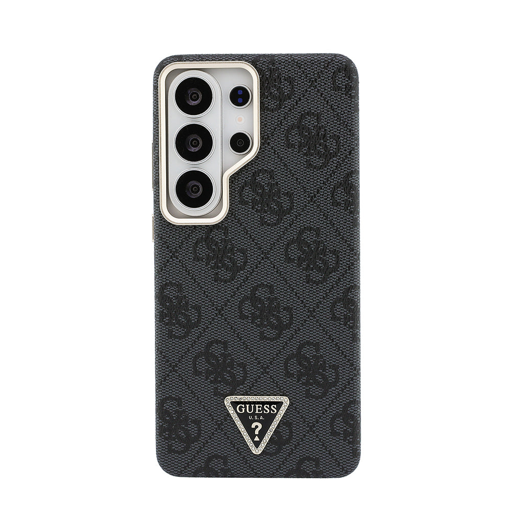 Galaxy S26 Ultra Kılıf Guess Orijinal Lisanslı M-safe Şarj Özellikli Gold Metal Kamera Çerçeveli Taşlı Üçgen Logo 4G Desenli Kılıf