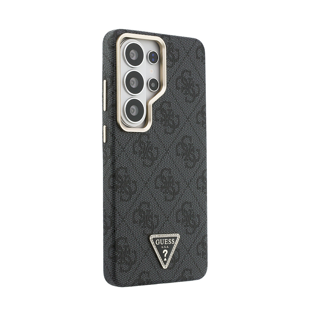 Galaxy S26 Ultra Kılıf Guess Orijinal Lisanslı M-safe Şarj Özellikli Gold Metal Kamera Çerçeveli Taşlı Üçgen Logo 4G Desenli Kılıf