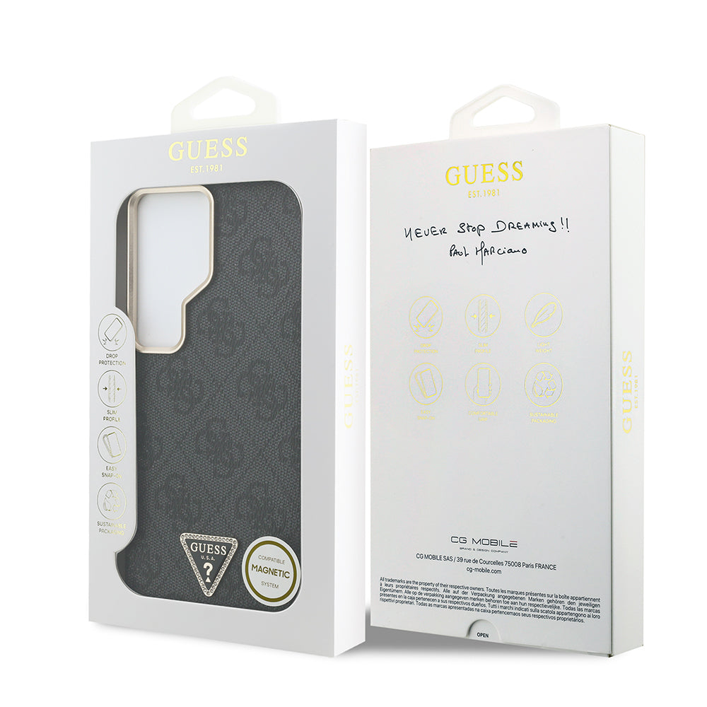 Galaxy S26 Ultra Kılıf Guess Orijinal Lisanslı M-safe Şarj Özellikli Gold Metal Kamera Çerçeveli Taşlı Üçgen Logo 4G Desenli Kılıf