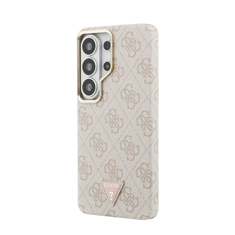 Galaxy S26 Ultra Kılıf Guess Orijinal Lisanslı M-safe Şarj Özellikli Gold Metal Kamera Çerçeveli Taşlı Üçgen Logo 4G Desenli Kılıf