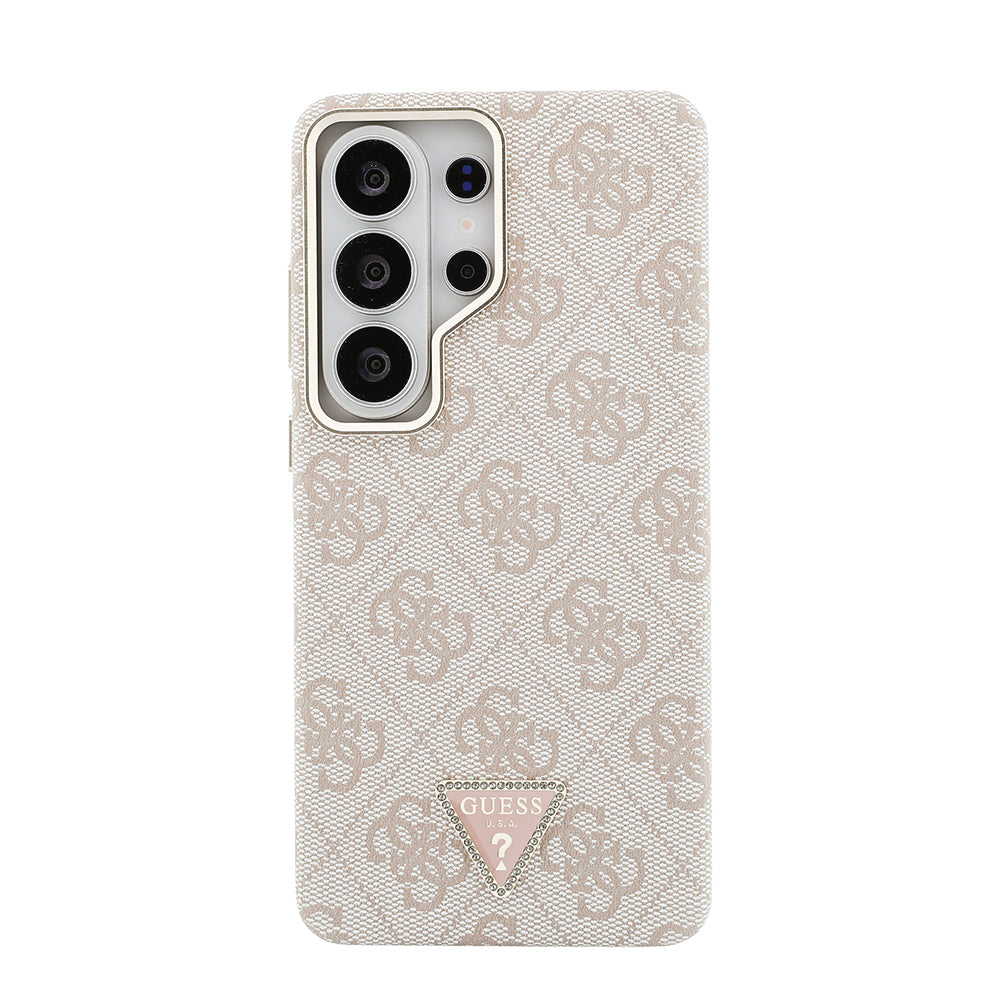 Galaxy S26 Ultra Kılıf Guess Orijinal Lisanslı M-safe Şarj Özellikli Gold Metal Kamera Çerçeveli Taşlı Üçgen Logo 4G Desenli Kılıf