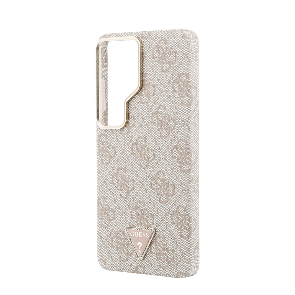 Galaxy S26 Ultra Kılıf Guess Orijinal Lisanslı M-safe Şarj Özellikli Gold Metal Kamera Çerçeveli Taşlı Üçgen Logo 4G Desenli Kılıf