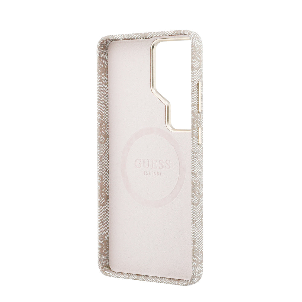 Galaxy S26 Ultra Kılıf Guess Orijinal Lisanslı M-safe Şarj Özellikli Gold Metal Kamera Çerçeveli Taşlı Üçgen Logo 4G Desenli Kılıf