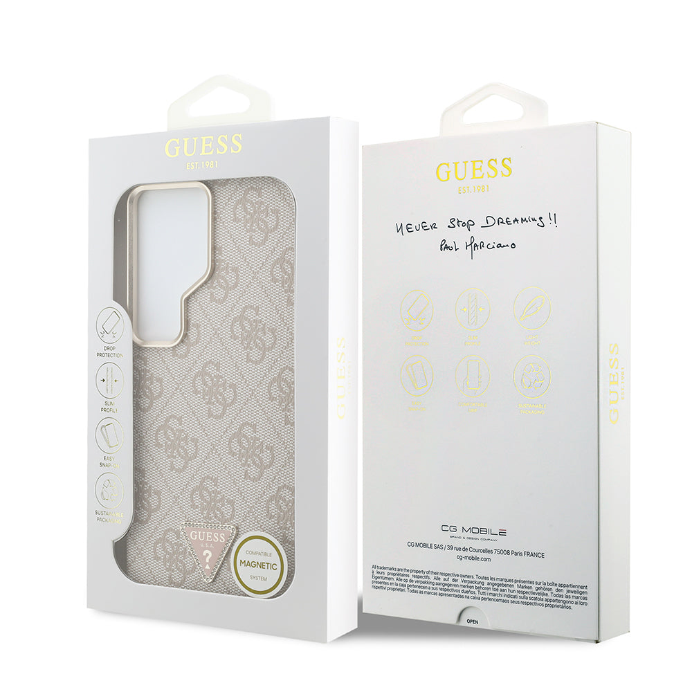 Galaxy S26 Ultra Kılıf Guess Orijinal Lisanslı M-safe Şarj Özellikli Gold Metal Kamera Çerçeveli Taşlı Üçgen Logo 4G Desenli Kılıf