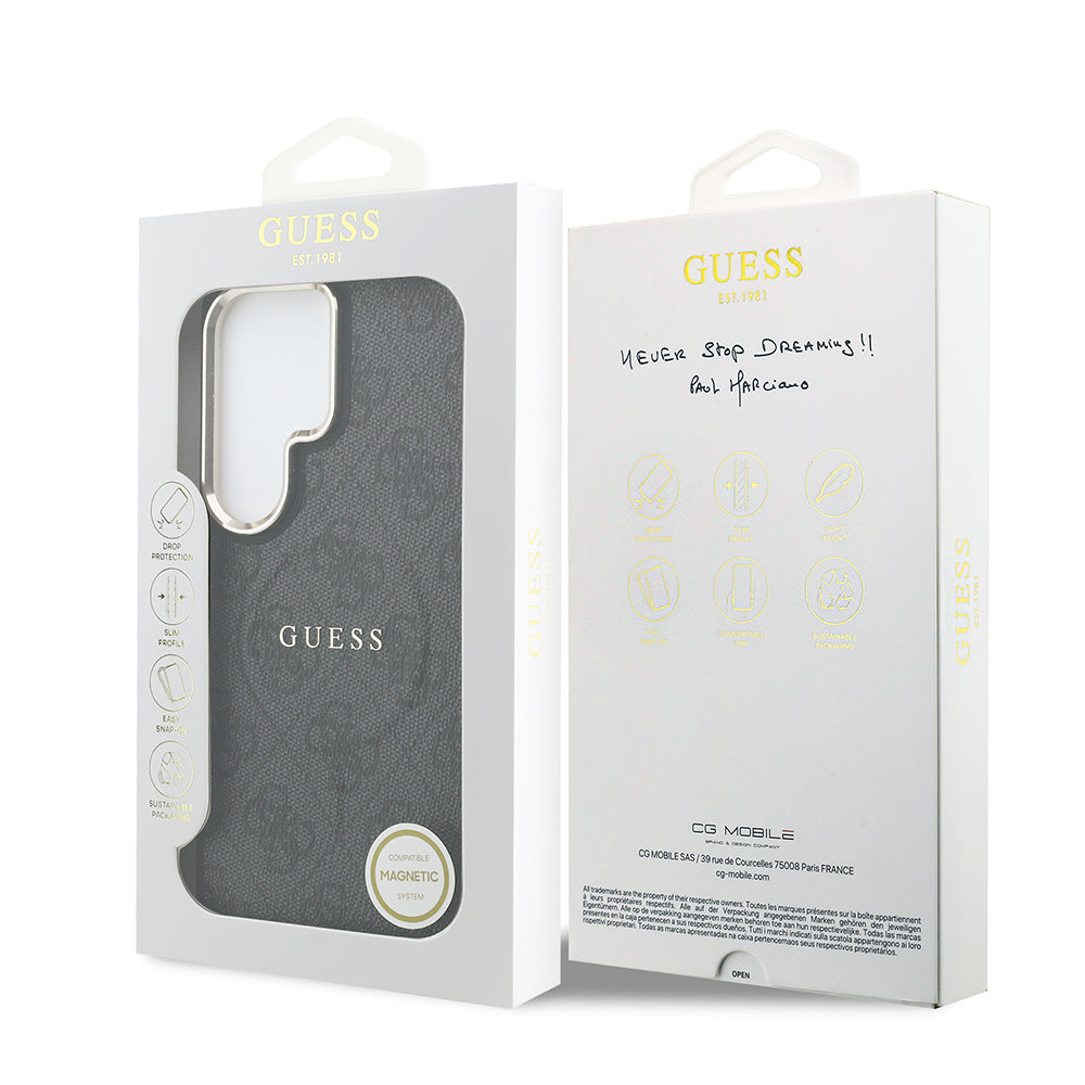 Galaxy S26 Ultra Kılıf Guess Orijinal Lisanslı M-safe Şarj Özellikli Metal Kamera Çerçeveli PU Deri 4G Desenli Yazı Logolu Kılıf