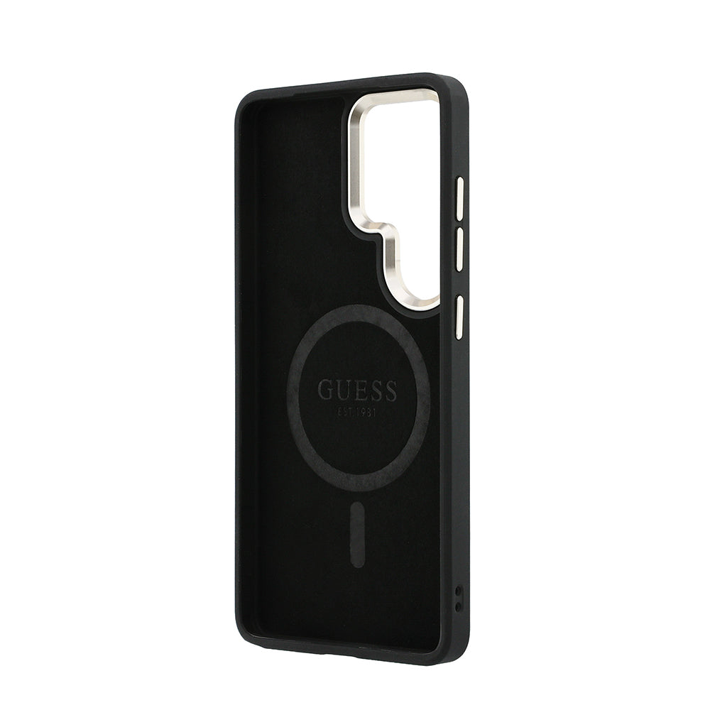 Galaxy S26 Ultra Kılıf Guess Orijinal Lisanslı M-safe Şarj Özellikli Metal Kamera Çerçeveli PU Deri 4G Desenli Yazı Logolu Kılıf