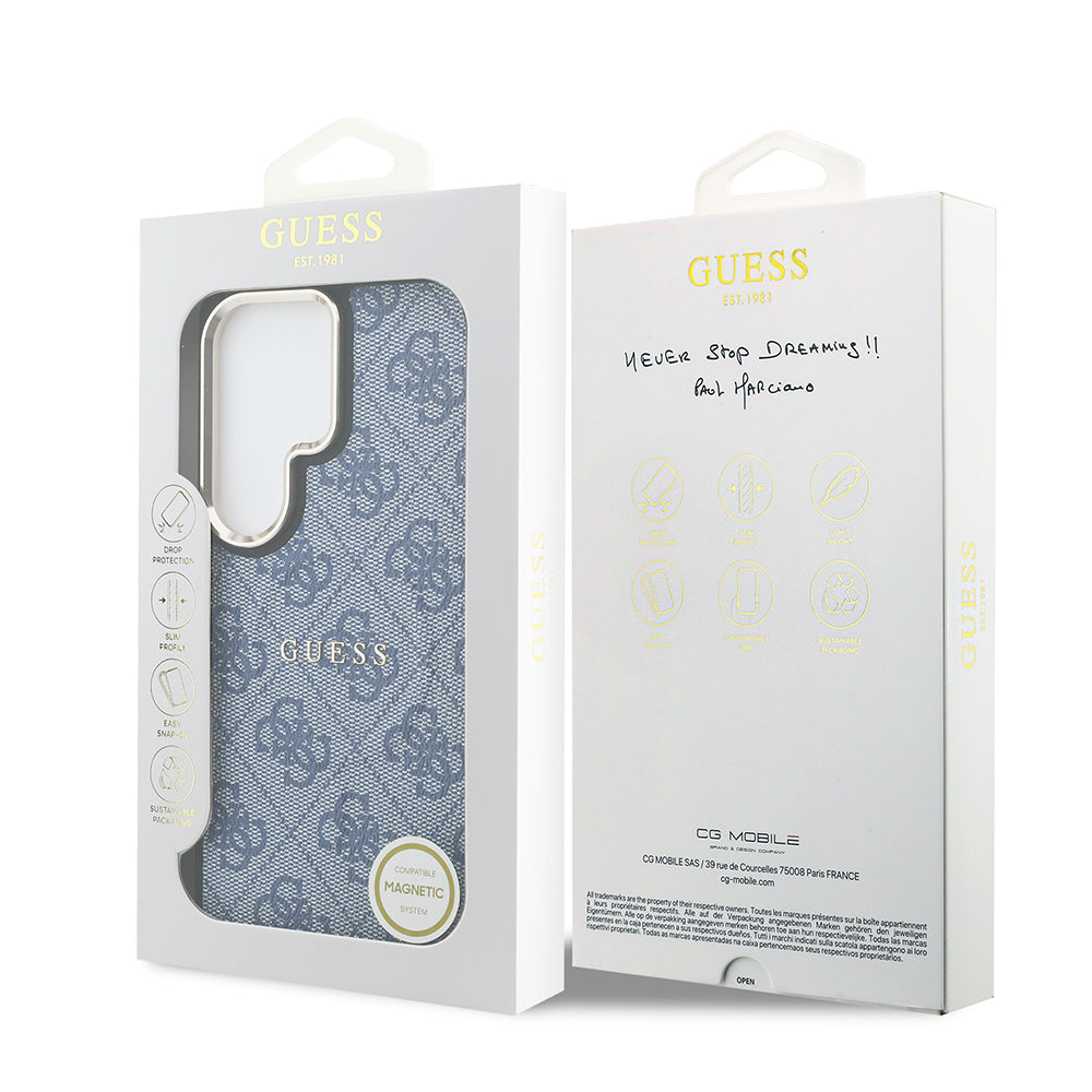 Galaxy S26 Ultra Kılıf Guess Orijinal Lisanslı M-safe Şarj Özellikli Metal Kamera Çerçeveli PU Deri 4G Desenli Yazı Logolu Kılıf