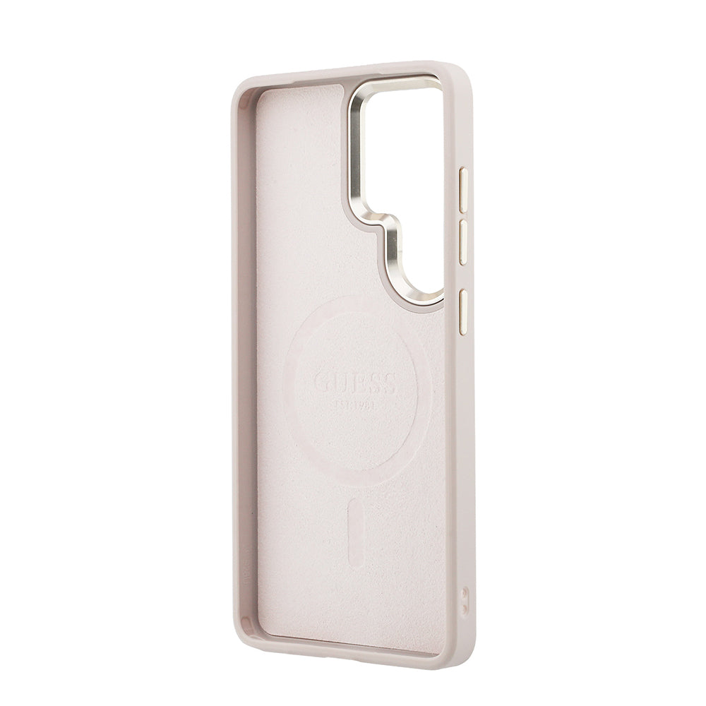 Galaxy S26 Ultra Kılıf Guess Orijinal Lisanslı M-safe Şarj Özellikli Metal Kamera Çerçeveli PU Deri 4G Desenli Yazı Logolu Kılıf