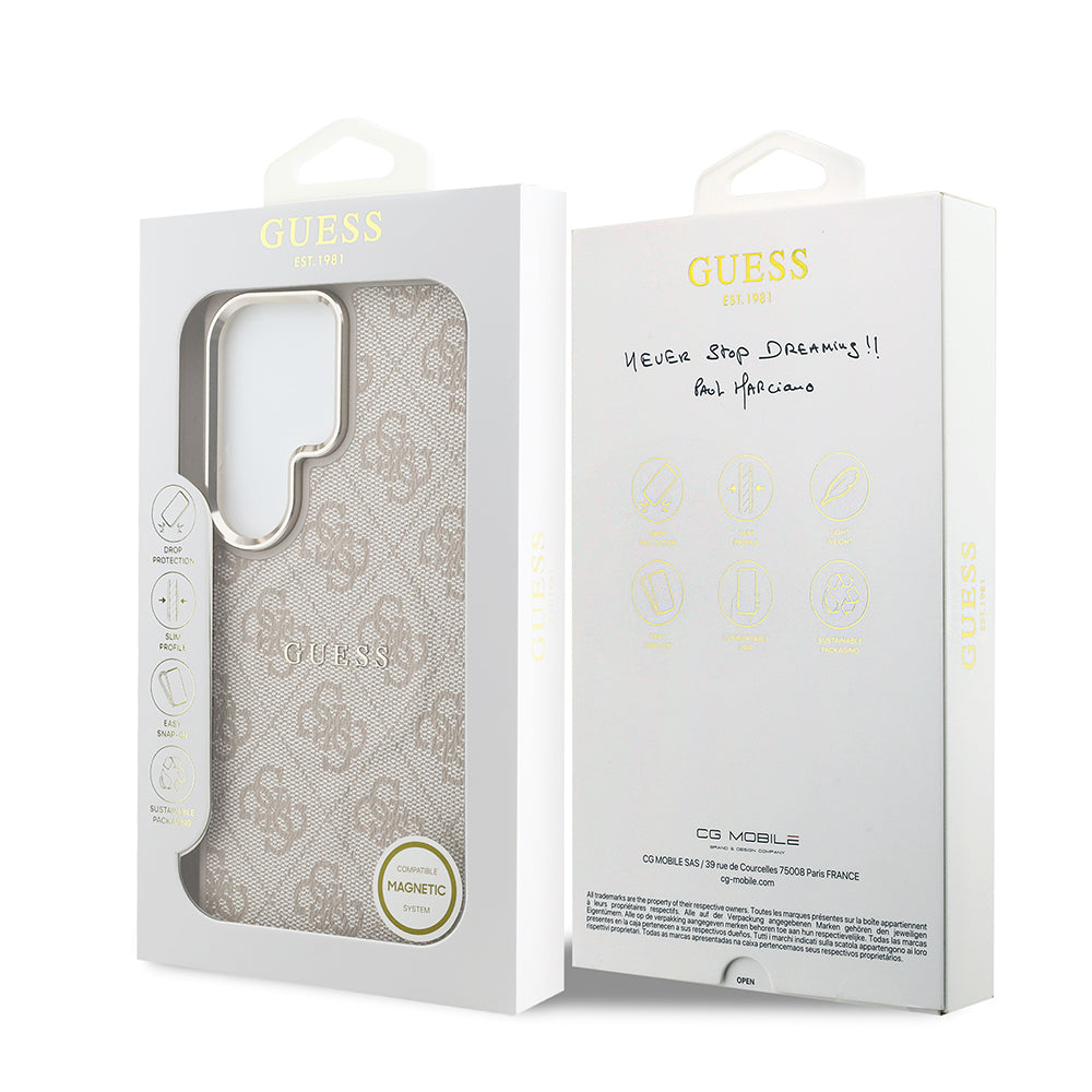 Galaxy S26 Ultra Kılıf Guess Orijinal Lisanslı M-safe Şarj Özellikli Metal Kamera Çerçeveli PU Deri 4G Desenli Yazı Logolu Kılıf