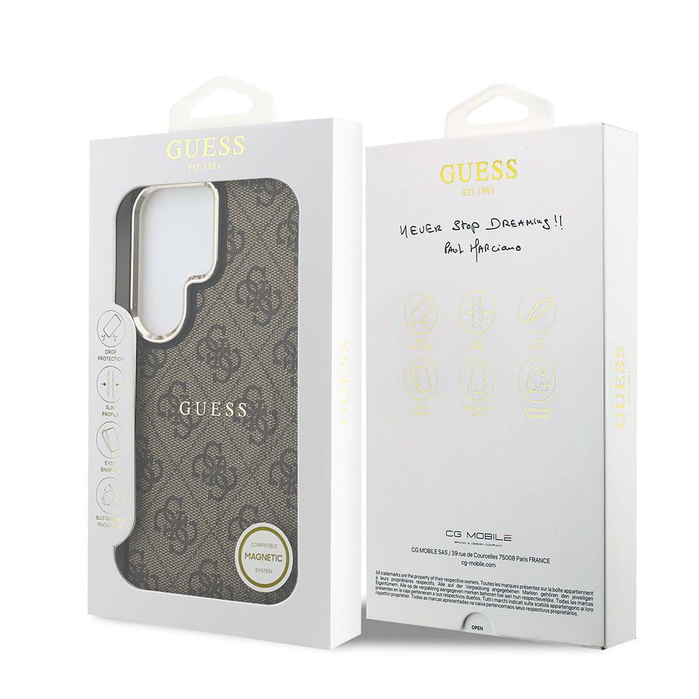 Galaxy S26 Ultra Kılıf Guess Orijinal Lisanslı M-safe Şarj Özellikli Metal Kamera Çerçeveli PU Deri 4G Desenli Yazı Logolu Kılıf