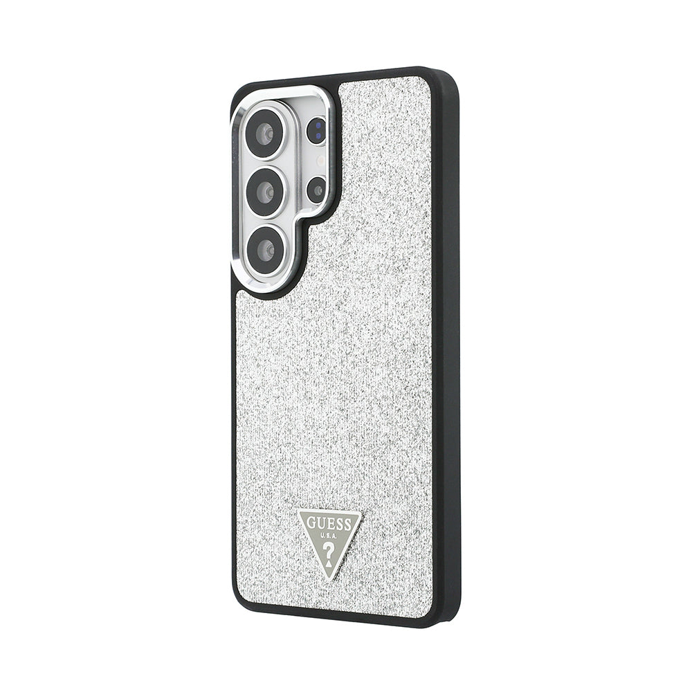 Galaxy S26 Ultra Kılıf Guess Orijinal Lisanslı M-safe Şarj Özellikli Metal Kamera Çerçeveli Üçgen Logolu Glitter Kılıf