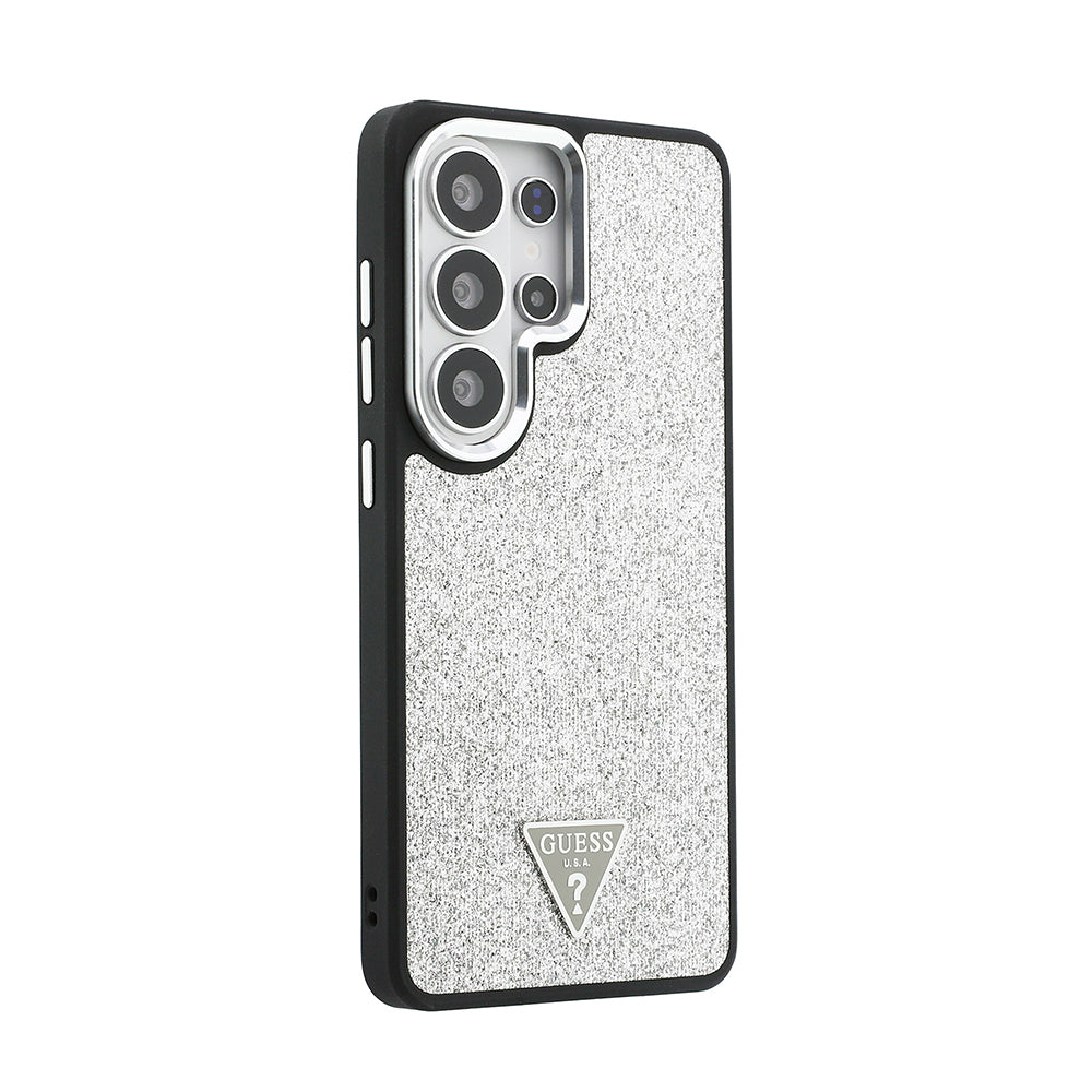 Galaxy S26 Ultra Kılıf Guess Orijinal Lisanslı M-safe Şarj Özellikli Metal Kamera Çerçeveli Üçgen Logolu Glitter Kılıf