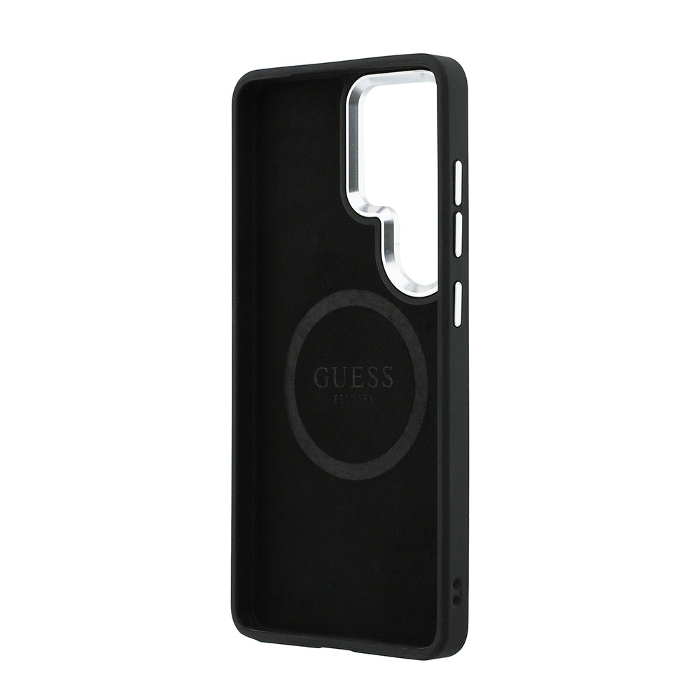 Galaxy S26 Ultra Kılıf Guess Orijinal Lisanslı M-safe Şarj Özellikli Metal Kamera Çerçeveli Üçgen Logolu Glitter Kılıf