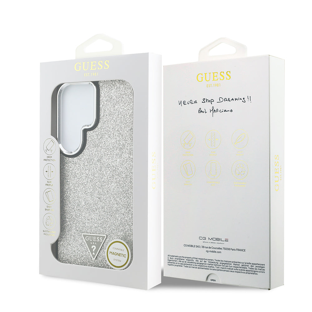 Galaxy S26 Ultra Kılıf Guess Orijinal Lisanslı M-safe Şarj Özellikli Metal Kamera Çerçeveli Üçgen Logolu Glitter Kılıf