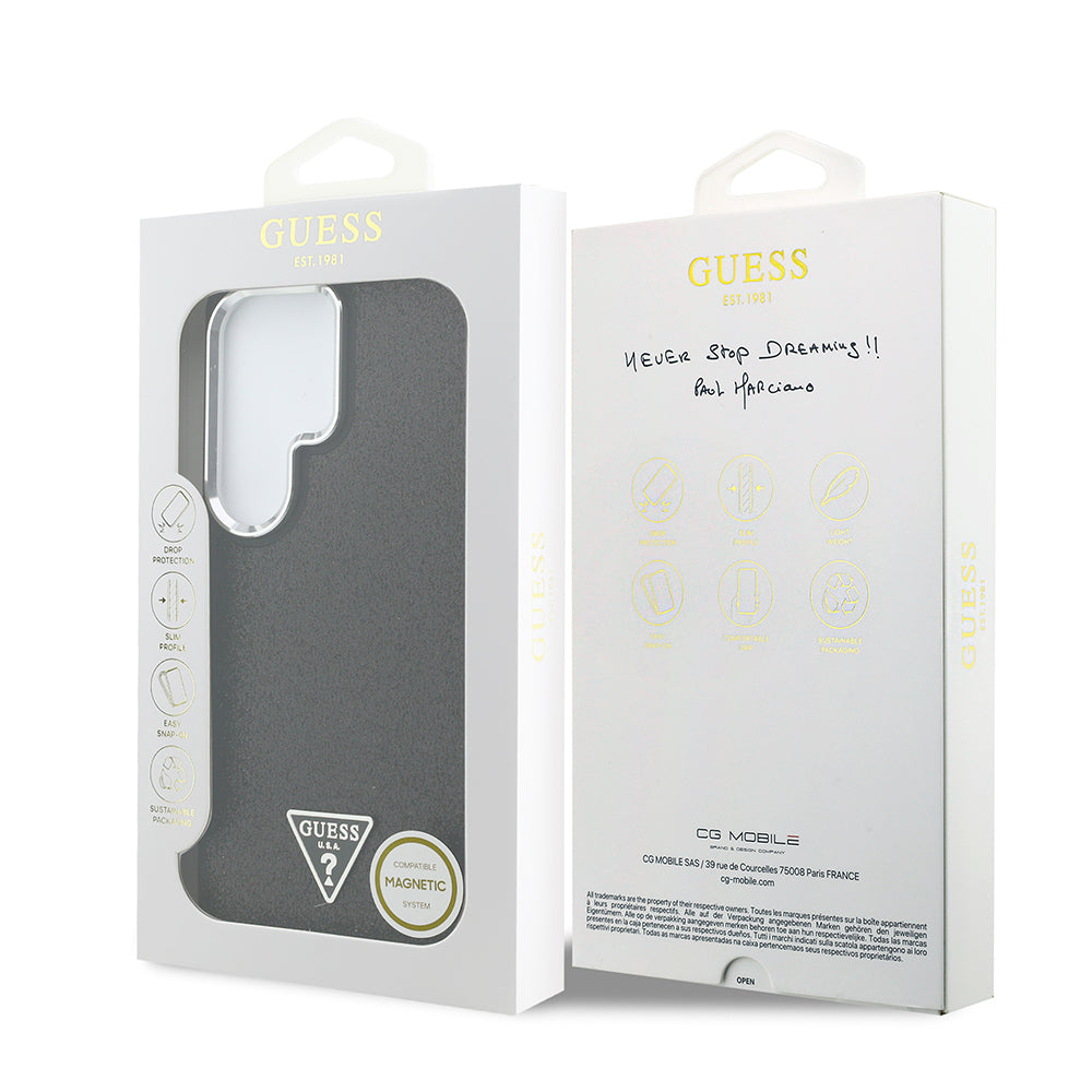 Galaxy S26 Ultra Kılıf Guess Orijinal Lisanslı M-safe Şarj Özellikli Metal Kamera Çerçeveli Üçgen Logolu Glitter Kılıf