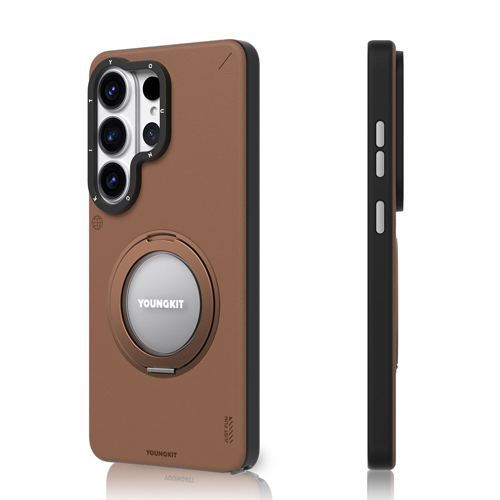 Galaxy S26 Ultra Kılıf M-safe Şarj Özellikli 360° Standlı Basit Mat Deri Desenli Youngkit Tech Leather Serisi Kılıf