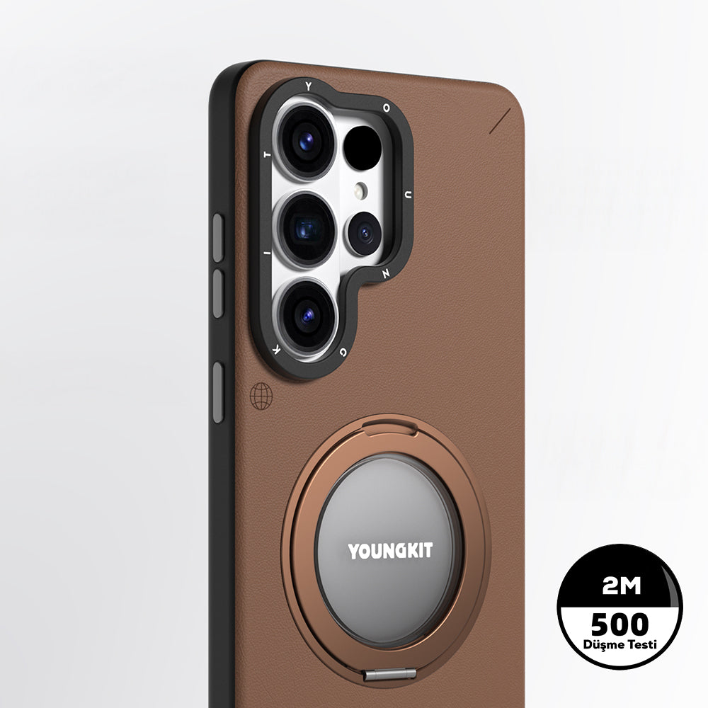Galaxy S26 Ultra Kılıf M-safe Şarj Özellikli 360° Standlı Basit Mat Deri Desenli Youngkit Tech Leather Serisi Kılıf