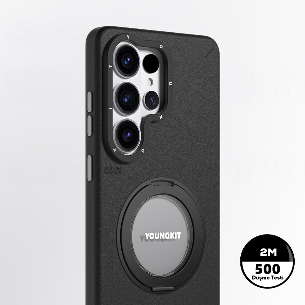 Galaxy S26 Ultra Kılıf M-safe Şarj Özellikli 360° Standlı Basit Mat Deri Desenli Youngkit Tech Leather Serisi Kılıf
