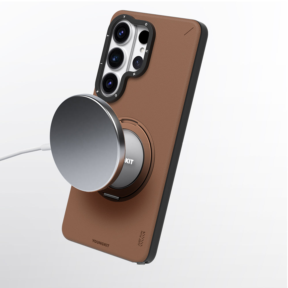 Galaxy S26 Ultra Kılıf M-safe Şarj Özellikli 360° Standlı Basit Mat Deri Desenli Youngkit Tech Leather Serisi Kılıf