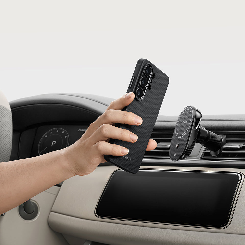 Galaxy S26 Ultra Kılıf M-safe Şarj Özellikli 600D Aramid Karbon Fiber Pitaka Cairn Serisi Black-Grey Twill Kılıf