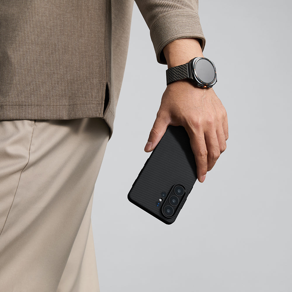 Galaxy S26 Ultra Kılıf M-safe Şarj Özellikli 600D Aramid Karbon Fiber Pitaka Cairn Serisi Black-Grey Twill Kılıf