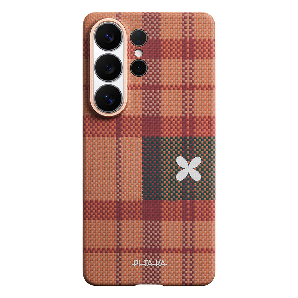 Galaxy S26 Ultra Kılıf M-safe Şarj Özellikli Aramid Karbon Fiber Pitaka Flora in Grid Serisi Kılıf
