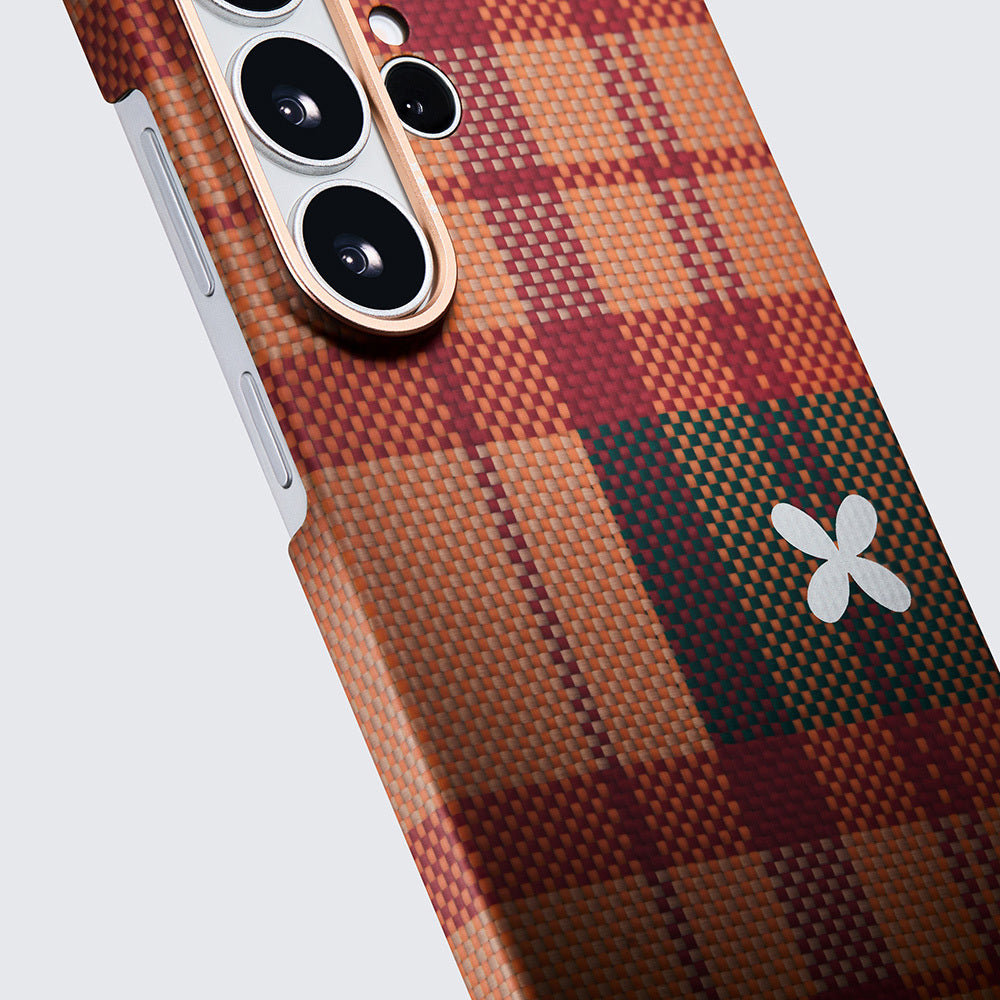 Galaxy S26 Ultra Kılıf M-safe Şarj Özellikli Aramid Karbon Fiber Pitaka Flora in Grid Serisi Kılıf