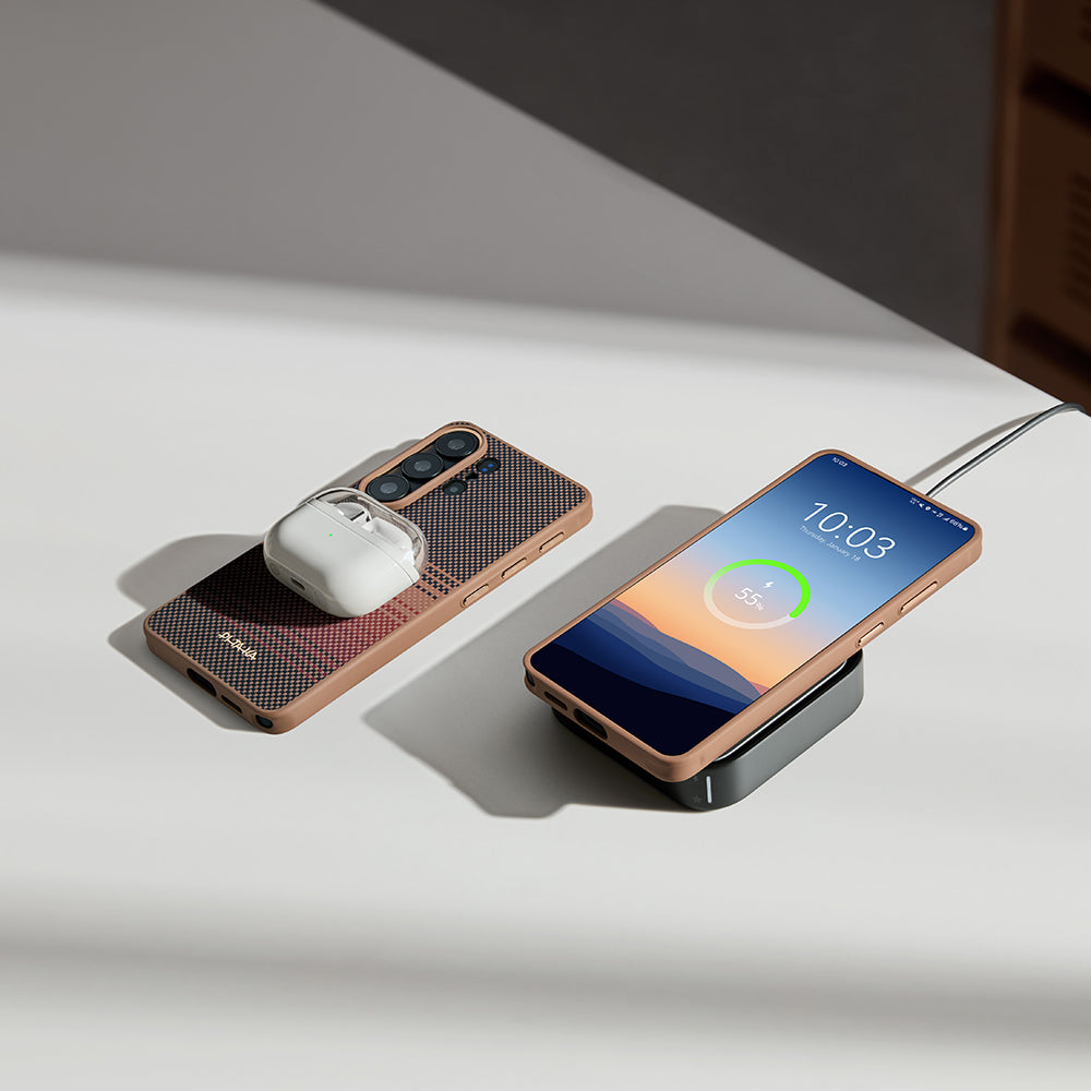 Galaxy S26 Ultra Kılıf M-safe Şarj Özellikli Pitaka Tactile Woven Sunset-Moonrise Aramid Cairn Serisi Karbon Kılıf