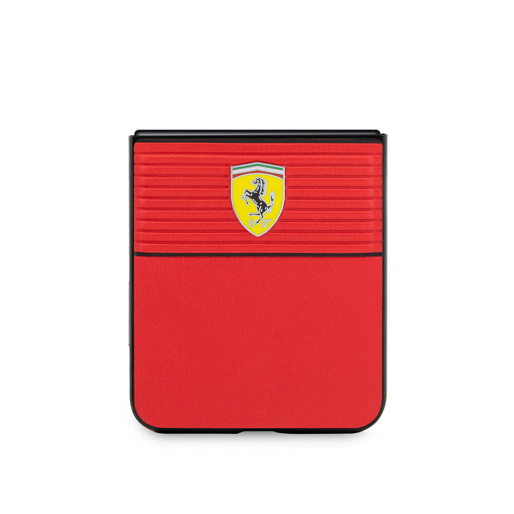 Galaxy Z Flip 5 Kılıf Ferrari Orijinal Lisanslı PU Deri Metal Logolu Multi Çizgili Kılıf