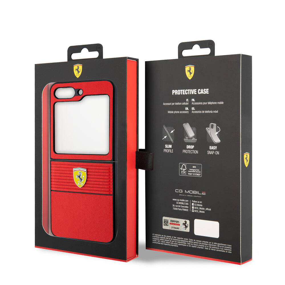 Galaxy Z Flip 5 Kılıf Ferrari Orijinal Lisanslı PU Deri Metal Logolu Multi Çizgili Kılıf