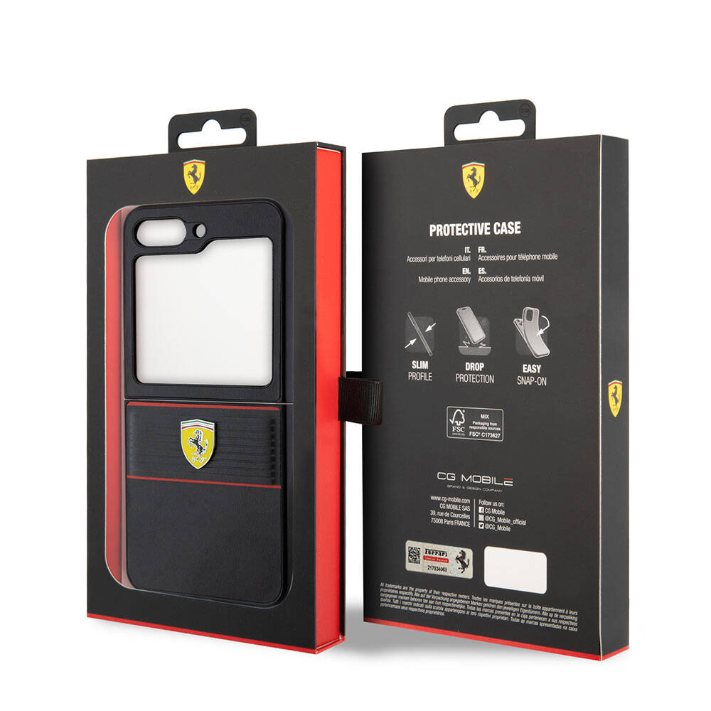 Galaxy Z Flip 5 Kılıf Ferrari Orijinal Lisanslı PU Deri Metal Logolu Multi Çizgili Kılıf