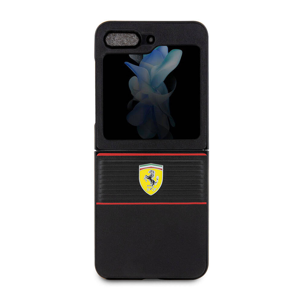 Galaxy Z Flip 5 Kılıf Ferrari orijinal Lisanslı PU Deri Metal Logolu Multi Çizgili Kılıf