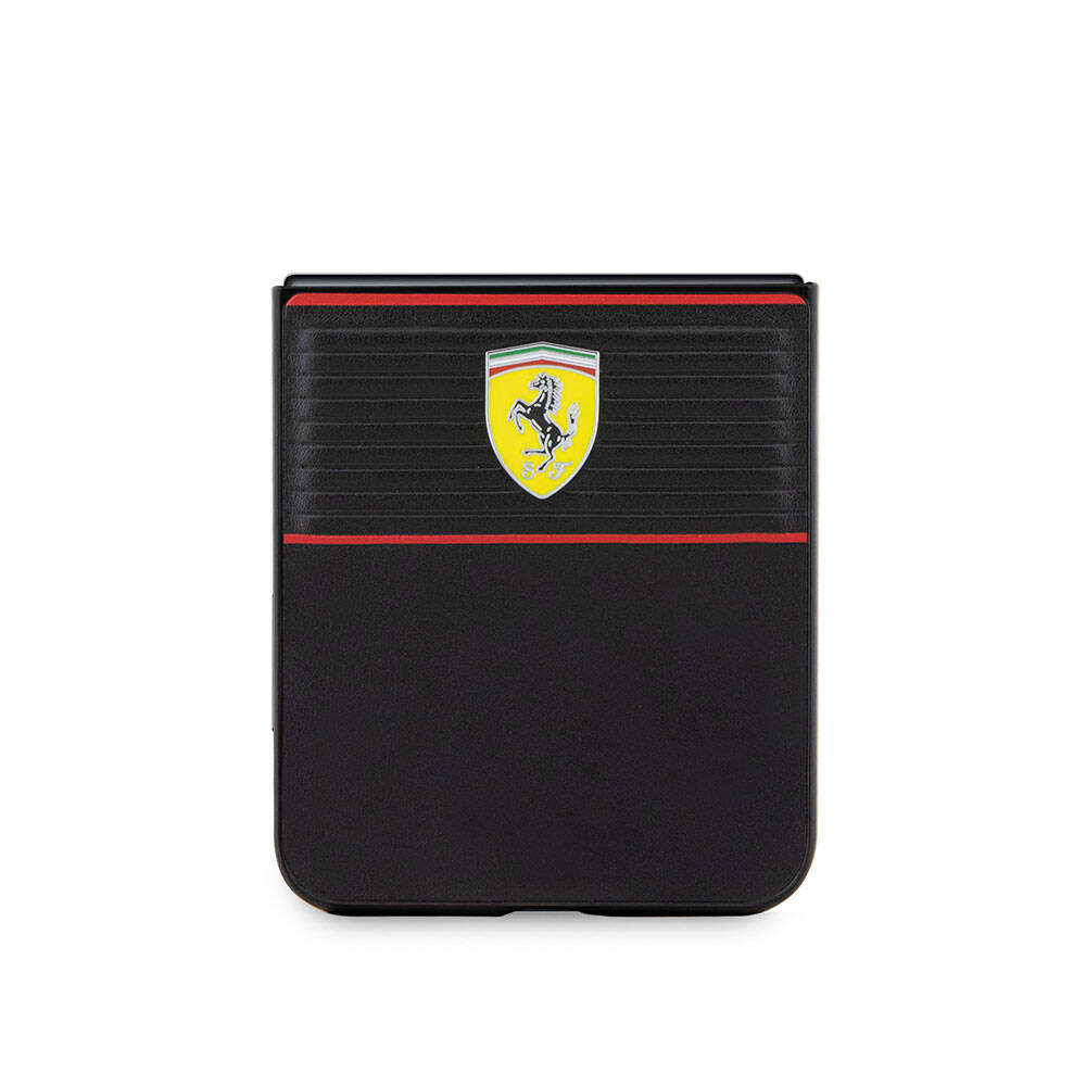 Galaxy Z Flip 5 Kılıf Ferrari orijinal Lisanslı PU Deri Metal Logolu Multi Çizgili Kılıf
