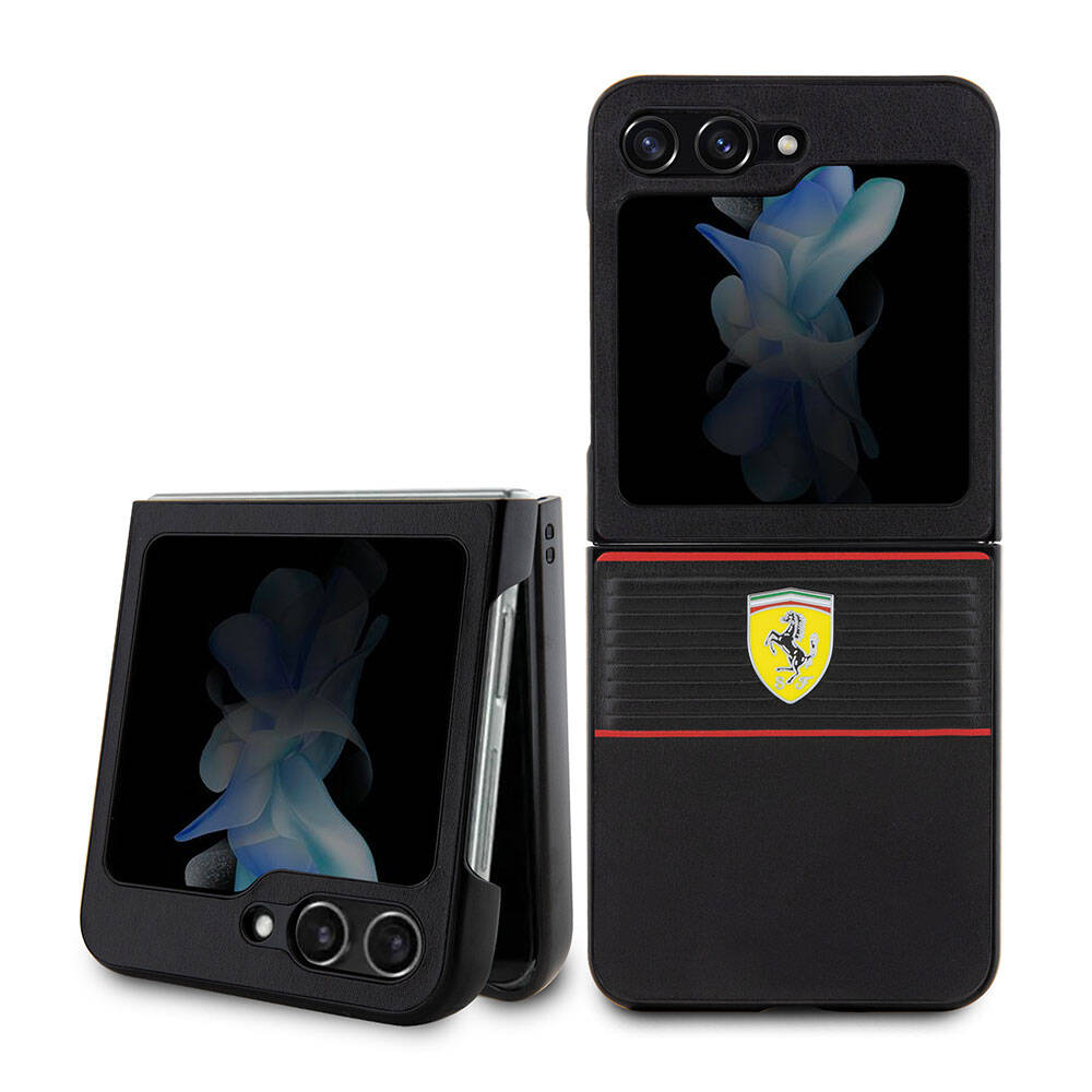 Galaxy Z Flip 5 Kılıf Ferrari orijinal Lisanslı PU Deri Metal Logolu Multi Çizgili Kılıf