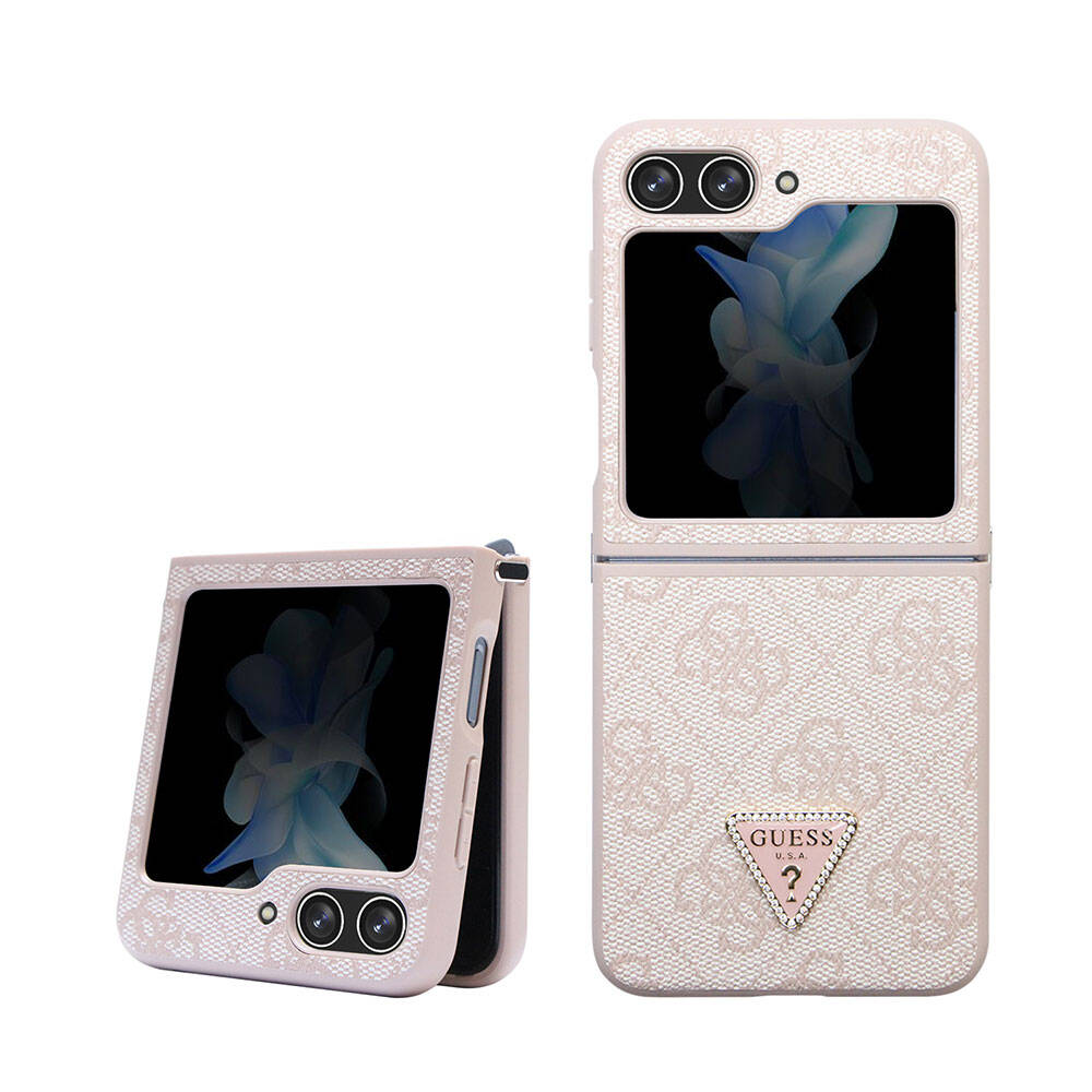Galaxy Z Flip 5 Kılıf Guess Orijinal Lisanslı PU Deri Taşlı Üçgen Logo 4G Desenli Strass Kılıf