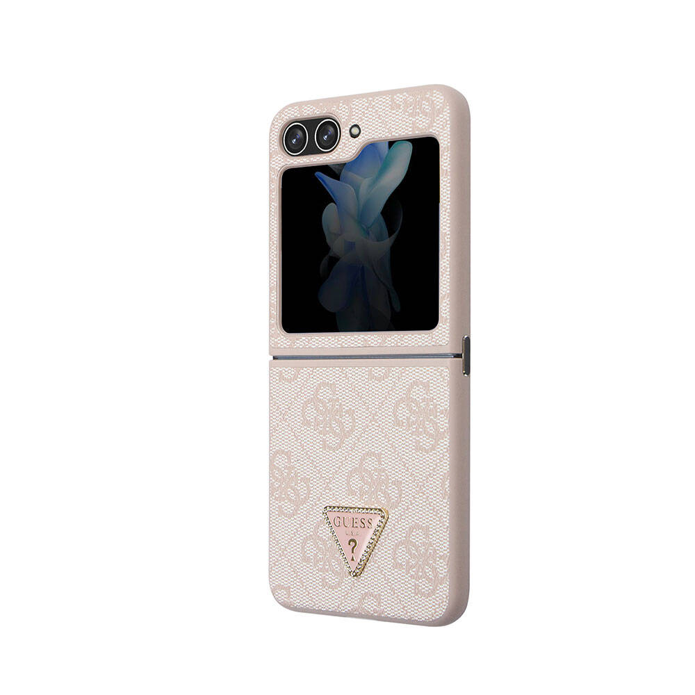 Galaxy Z Flip 5 Kılıf Guess Orijinal Lisanslı PU Deri Taşlı Üçgen Logo 4G Desenli Strass Kılıf